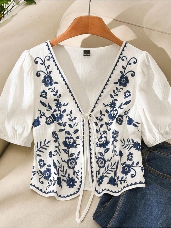 Tops - Embroidered White Peasant Tie-Front Top with Navy Floral Details